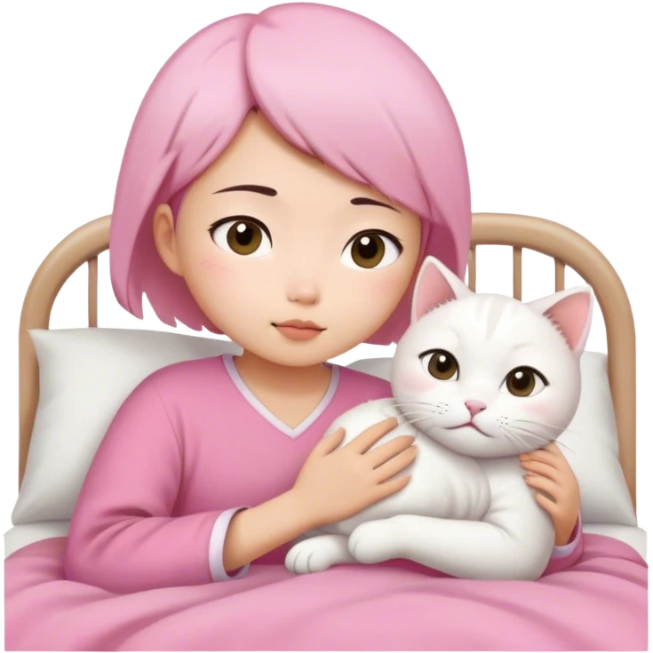 Short hair Asian girl in pink cloth wake up with white cat  emoji