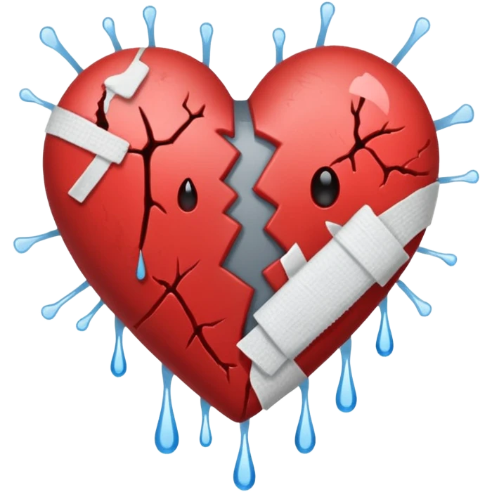 Un corazón roto de color gris con grietas  sangrando y expulsando sangre rodeado de vendas y tiritas que se despegan sin hacer efecto emoji