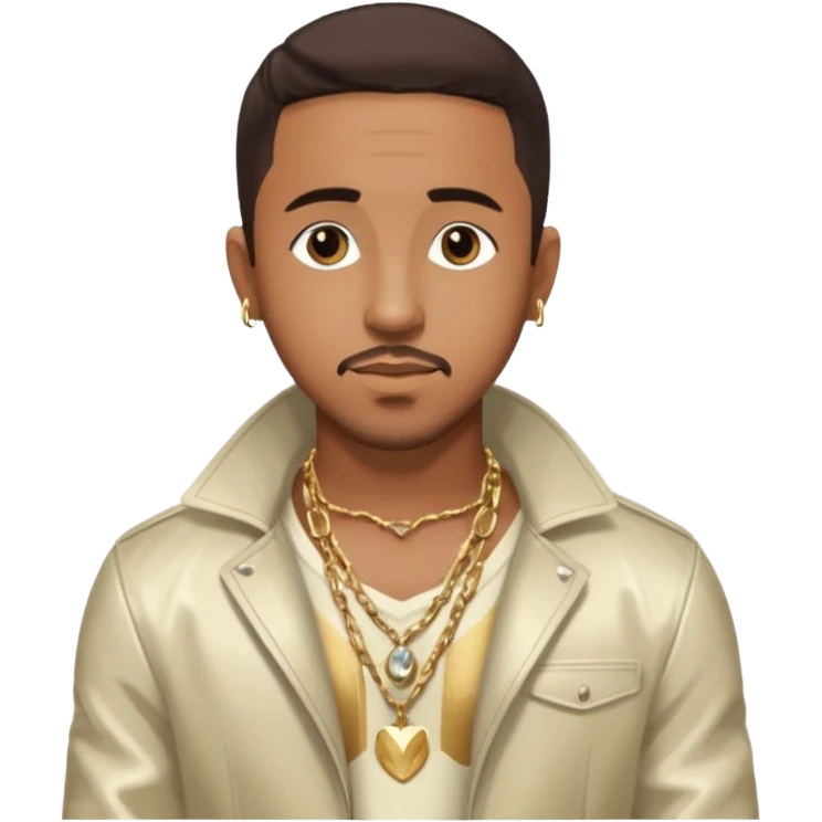 Marques Houston with dark brown hair, shirtless with necklace, metallic ivory jacket emoji
