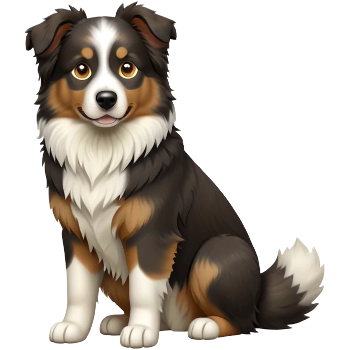 cinematic-[australian shepherd dog]-realistic-full-body-sitting-emoji,-tail-resting-loosely-beside-its-paws,-head-tilted-dramatically,-scruffy-[black white tan]-fur,-simplified-yet-realistic-focused-features,-highly-detailed,-glowing-with-an-almost-sarcastic-glow emoji
