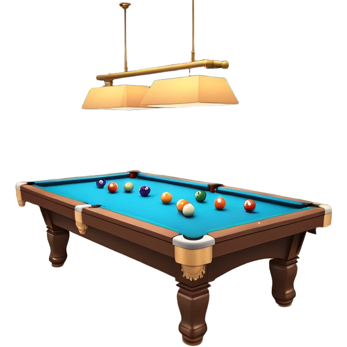 A well-arranged pool table with colorful billiard balls neatly placed, and a cue stick poised to take a shot. The setting is a dimly lit room with a focused atmosphere, highlighting the precision and strategy involved in the game of billiards. emoji