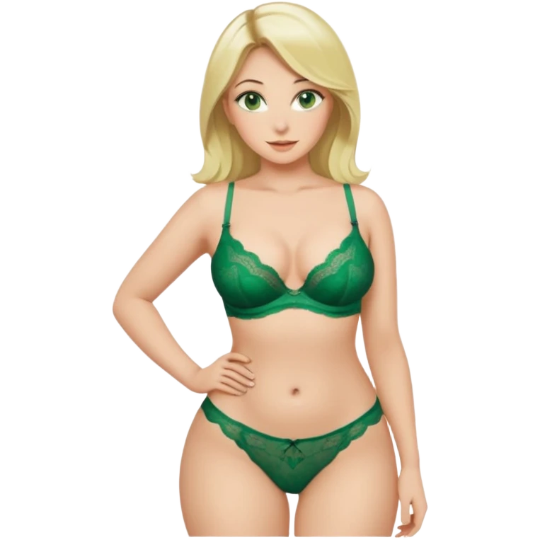 Blonde, green eyed woman with shoulder length hair. She is curvy with a big butt and small breast. She is wearing green lingerie  emoji