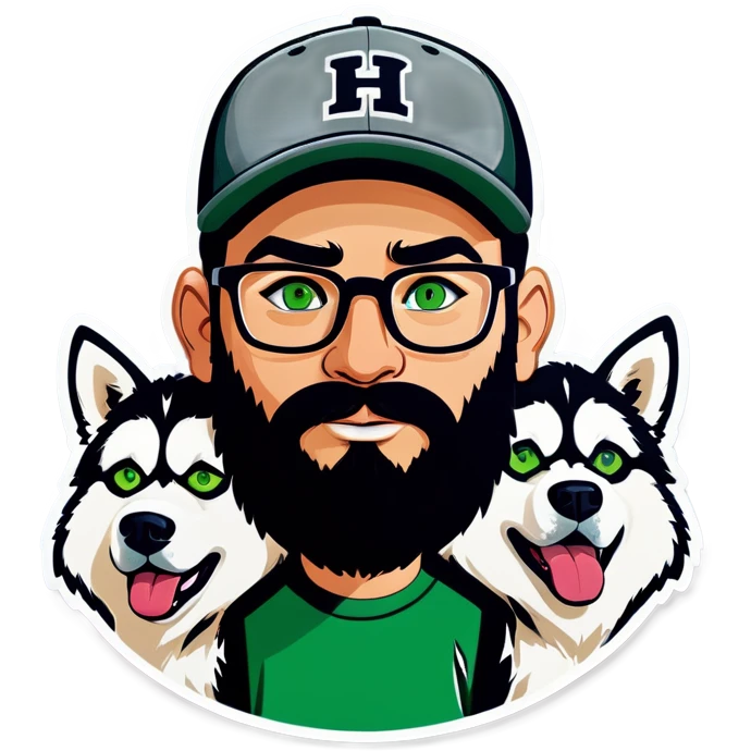 A bold man with a grey baseball cap, green eyes, big beard and glasses with a husky dog emoji