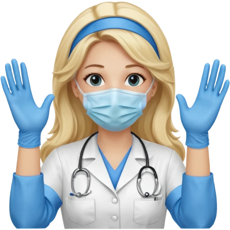 enfermera rubia con pelo largo sin nada en el pelo, con mascarilla y guantes azules las dos manos arriba emoji