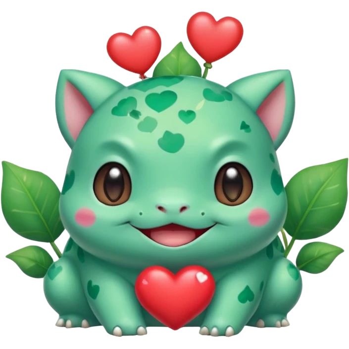 cute Bulbasaur Pokémon with winking face, heart-shaped decorations, joyful look, green and teal tones emoji