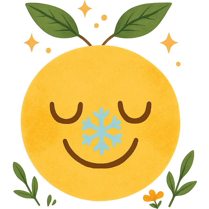 yellow face with snowflake on nose, nature theme, digital illustration emoji