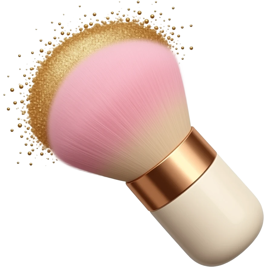 A cute emoji of a fluffy makeup brush with soft pink bristles, gold shimmer powder swirling around the tip, sparkles floating in the air, ivory handle with rose gold details, beauty and cosmetics aesthetic emoji