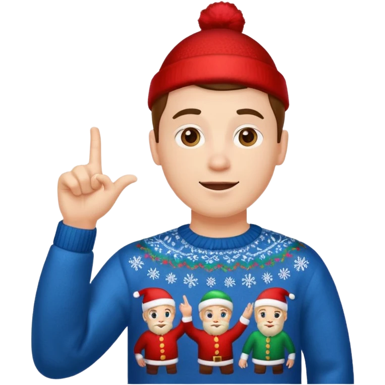 A guy pointing up with one hand and he has a christmas sweater emoji