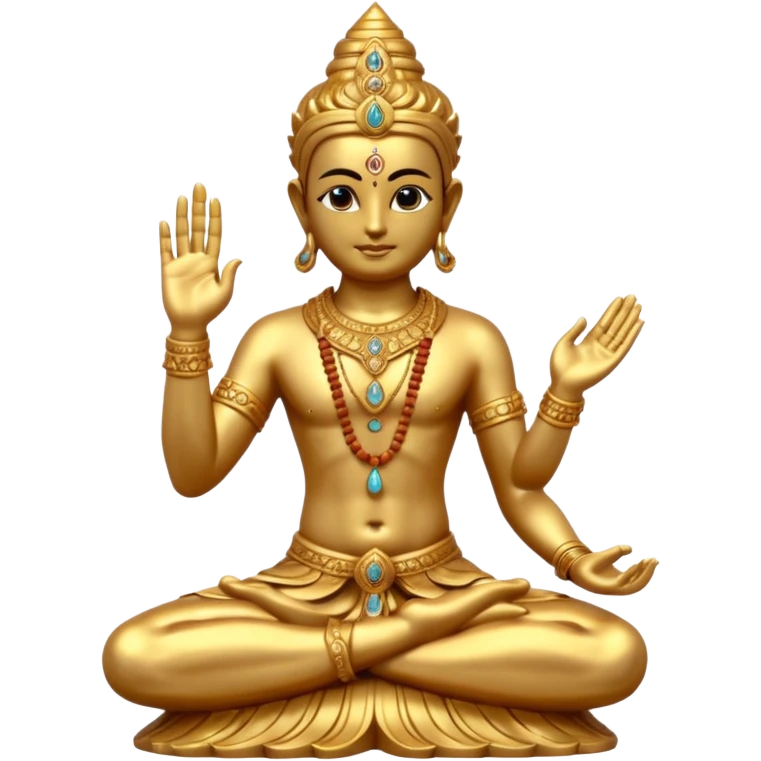 a golden statue of a Hindu deity seated in a yogic posture with one hand in a blessing gesture, adorned with ornate jewelry�. The figure sits on a decorated pedestal, radiating a sacred and traditional aura�. emoji