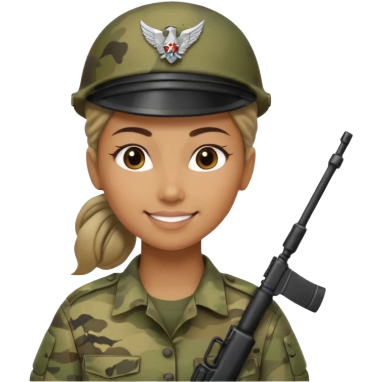 Apple emoji look — female soldier, no cap/helmet, bust, neutral smile, generic camo shirt, hair tied back, soft gradients, no weapon emoji