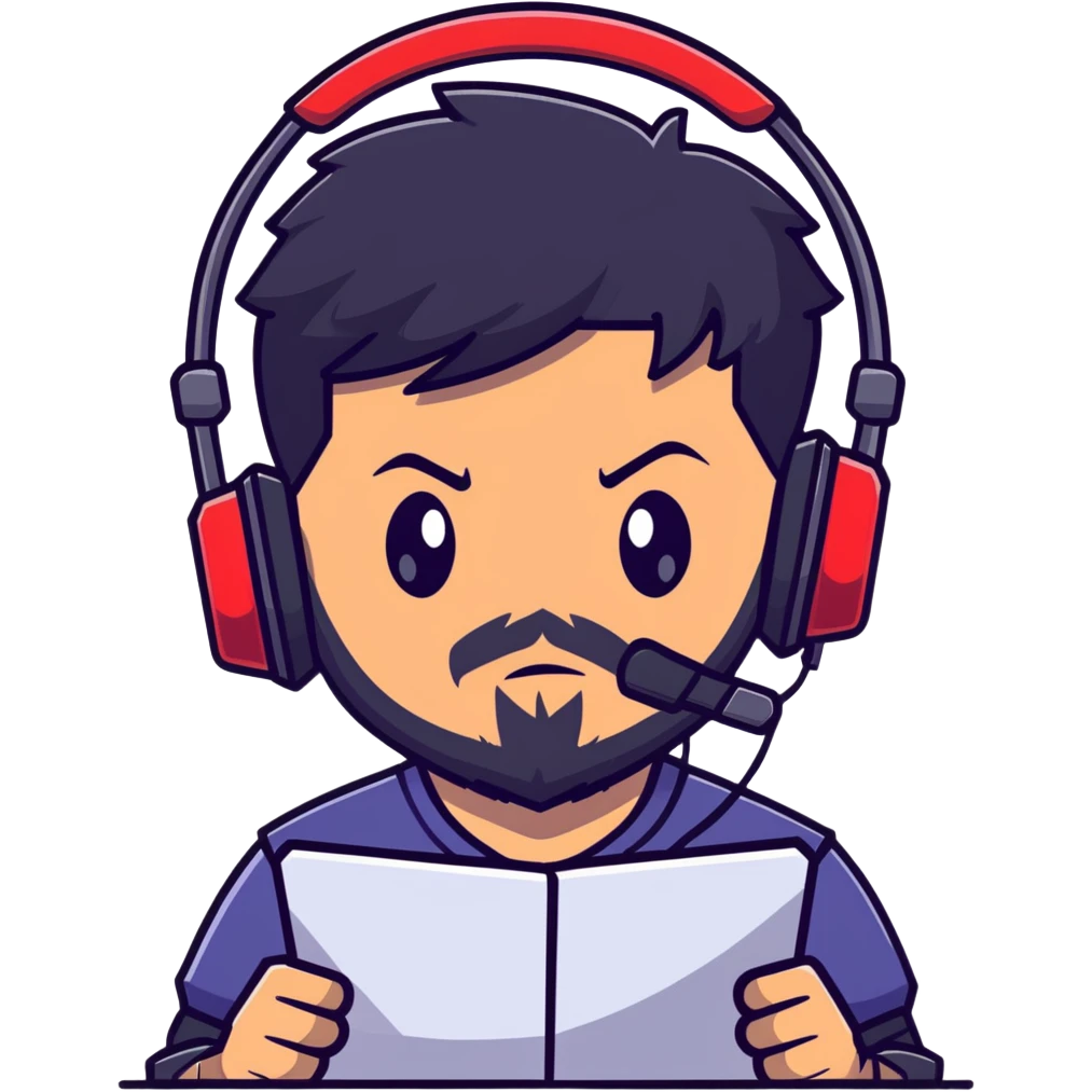 Detailed anime-style character with textured black hair, intense brown eyes, well-groomed black beard, and gaming headset with mic, dramatic anime lighting, detailed face emoji