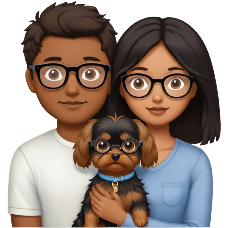 A couple holding a small Yorkshire Terrier together. The girl is Asian with long, luscious wavy black hair (loose, no hair tie). She is next to her boyfriend, a brown-skinned man wearing glasses with short middle part haircut emoji