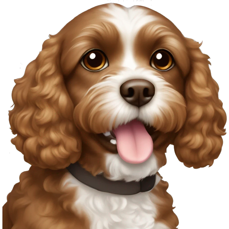 brown cavapoo with white spot around the nose and on the chest, with brown eyes on emoji