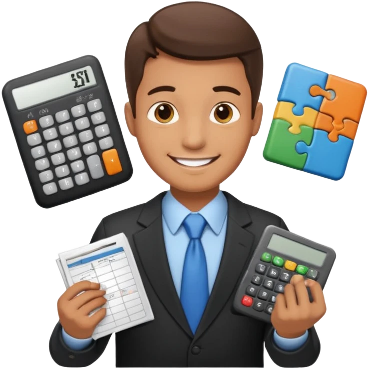 emoji, of a male AUDITOR smiling with Finance spreadsheet , a calculator,plus ADD A puzzle and a Balance for accounting. emoji