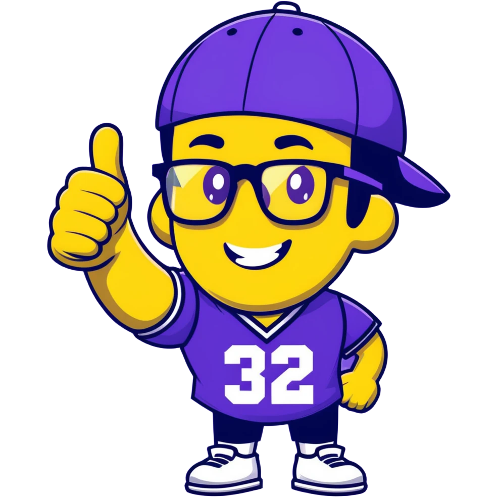Man with black and white cap, purple sports jersey with number 32, glasses, mullet hairstyle, thumbs up gesture emoji