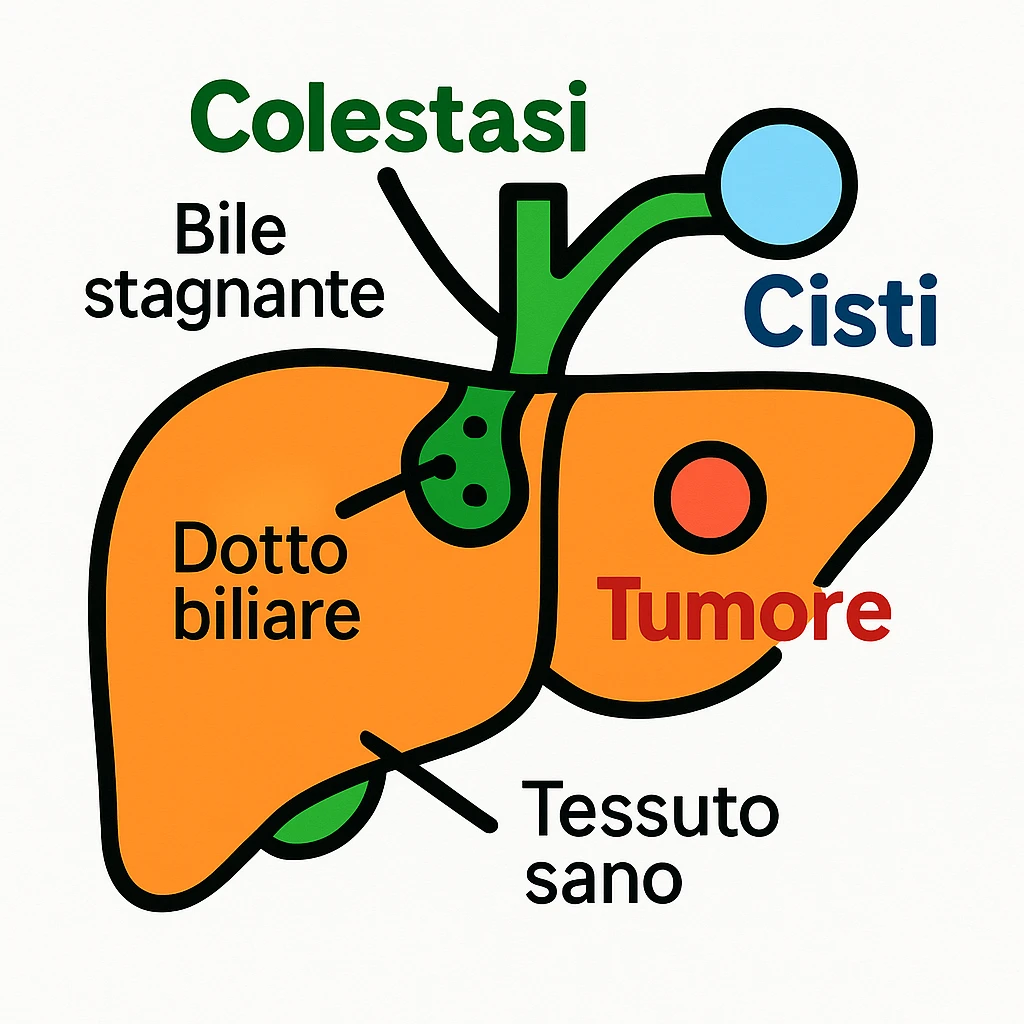 Medical illustration of a liver with Italian text inside the image. Highlight "Colestasi" in green, "Cisti" in blue, "Tumore" in red. Add labels such as "Dotto biliare", "Bile stagnante", "Tessuto sano". Use a clear, didactic, and informative style with color outlines. emoji