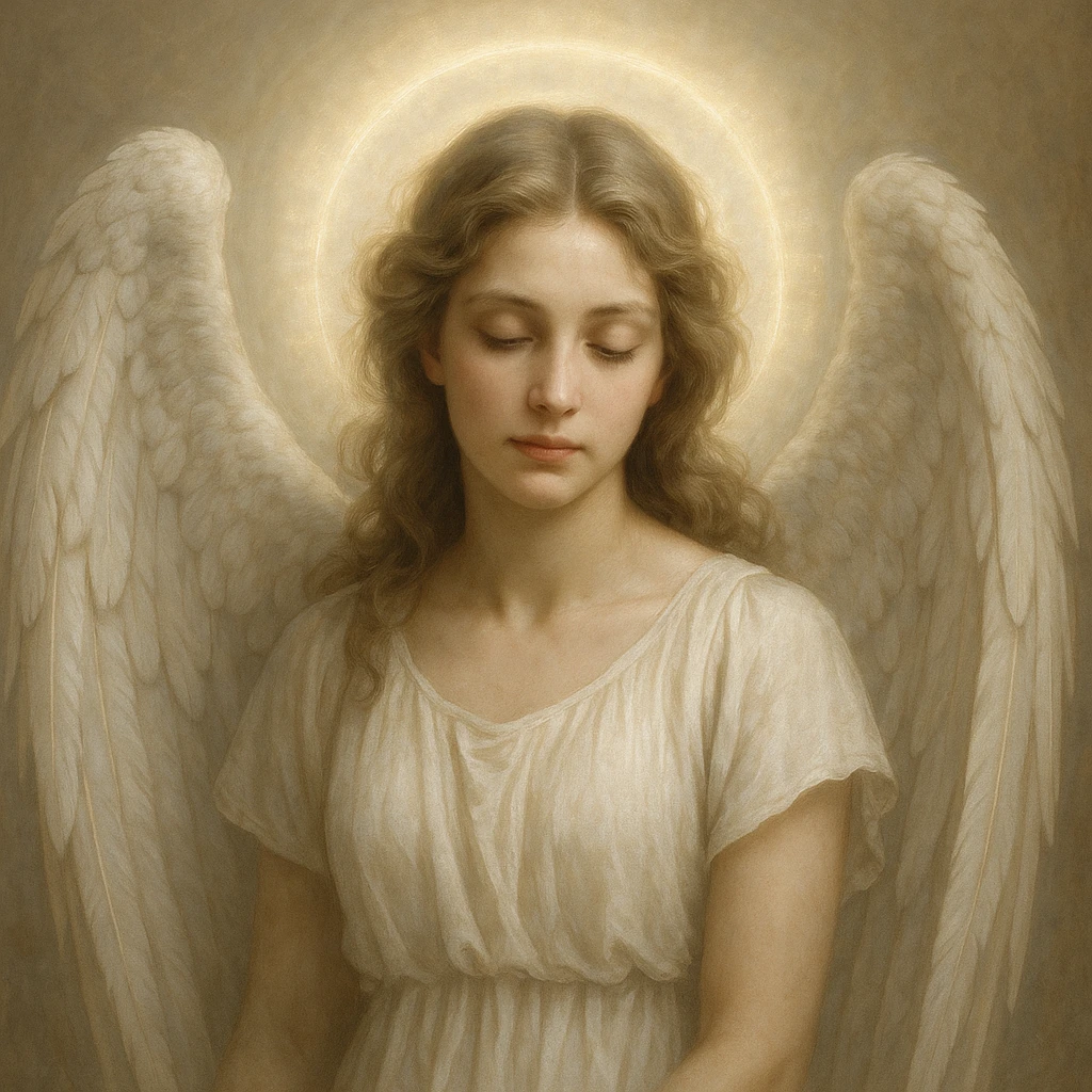 white angel girl, realistic style, glowing aura, detailed wings, serene face emoji