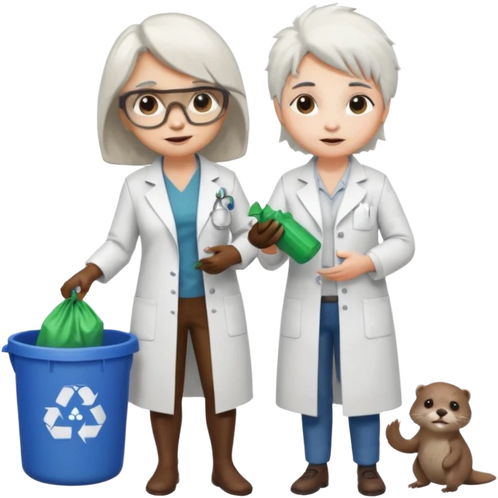 an woman otter picking up trash bins, next to a mad scientist emoji