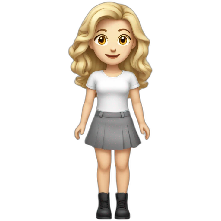 cute caucasian woman white top grey mini skirt black shoes emoji