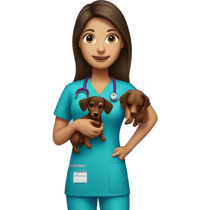Brunette woman wearing scrubs holding a dachshund emoji