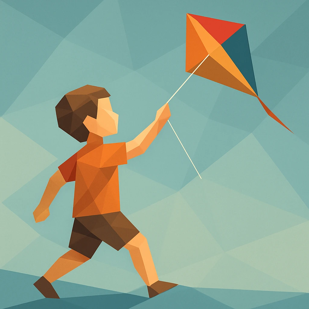 Child flying a kite, arm and string abstracted in linear tension.

 emoji