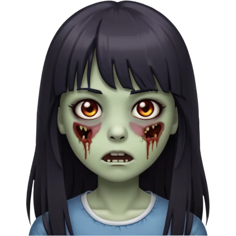 Emoji de guria zombie com cabelo longo, escuro e liso com franja, olhos escuros e boca pequena. emoji