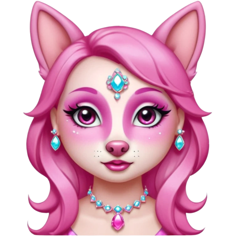 glamorous dog portrait, head and shoulders only, exaggerated pink makeup, bright eyeshadow, long eyelashes, shiny blush cheeks, sparkling face gems, glitter accents, elegant earrings, fantasy beauty style, cute 3D cartoon, mobile game icon style, clean background, no text, no watermark
 emoji