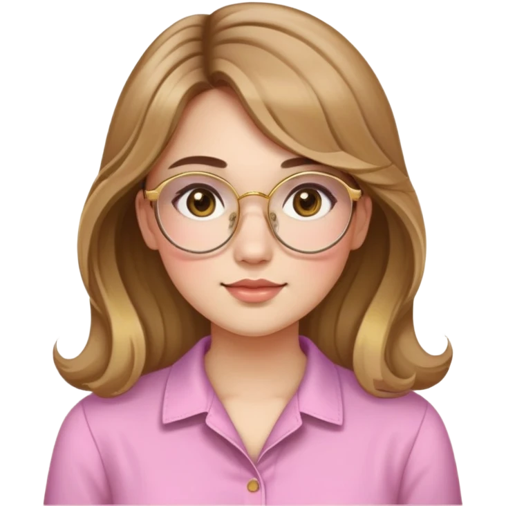 young adult woman with light skin, round face, prominent cheeks, medium plump body, long light brown hair with golden highlights, voluminous and wavy, long bangs over eyebrows, large octagonal glasses with thin golden or light pink frame, casual dark shirt emoji