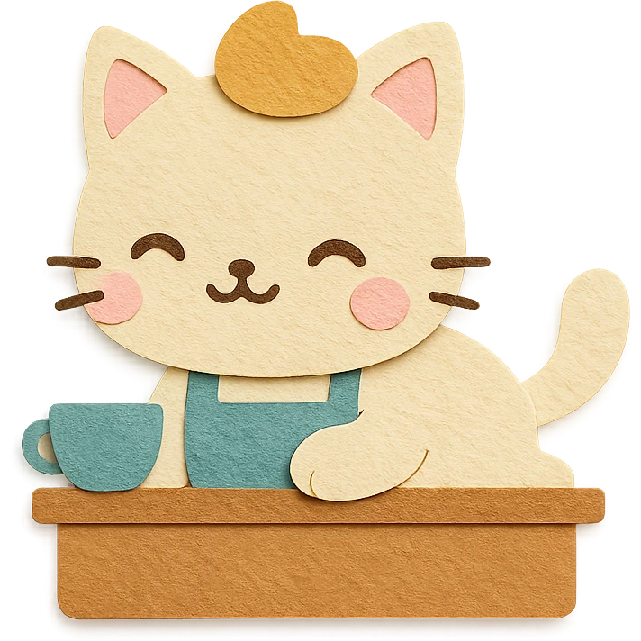chibi café cat laying on coffee counter, smiling face, soft pastel kawaii style emoji