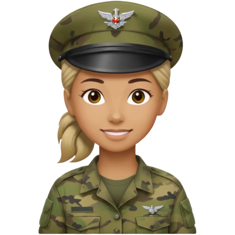 Apple emoji look — female soldier, no cap/helmet, bust, neutral smile, generic camo shirt, hair tied back, soft gradients, no weapon emoji