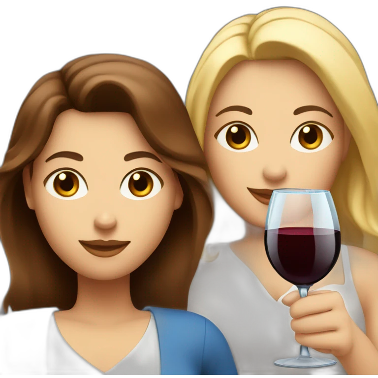 White woman with brown hair and brown eyes toasting with a red wine together with white woman with blond hair and blue eyes with red wine emoji