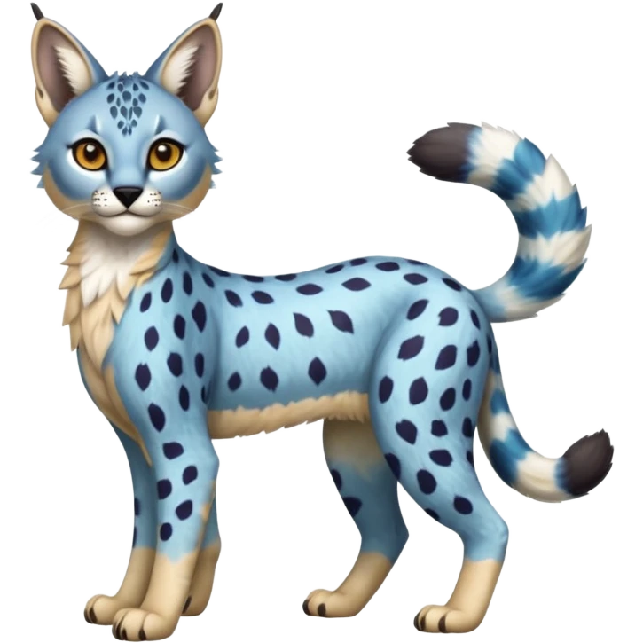 Colorful bluish cute adorable tropical exotic fruity Caracal-Cheetah-Serval-Snow-Leopard-Trico-Sergal-Vernid-fusion-hybrid-animal-creature, full body, with tribal markings emoji