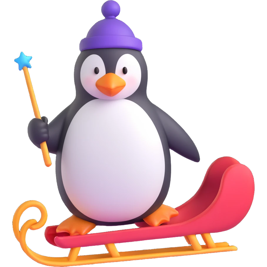penguin sledding with a magic wand emoji