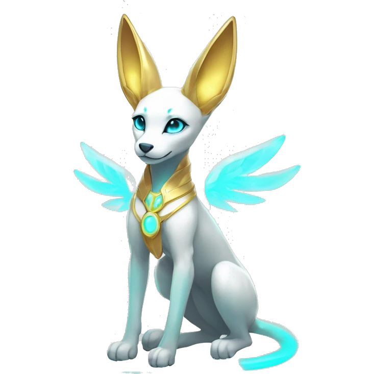 Shiny White Angelic Godly Ethereal Majestic Electric Albino Umbreon. cyan eyes and cyan markings. Golden Anubis-rings. full body emoji