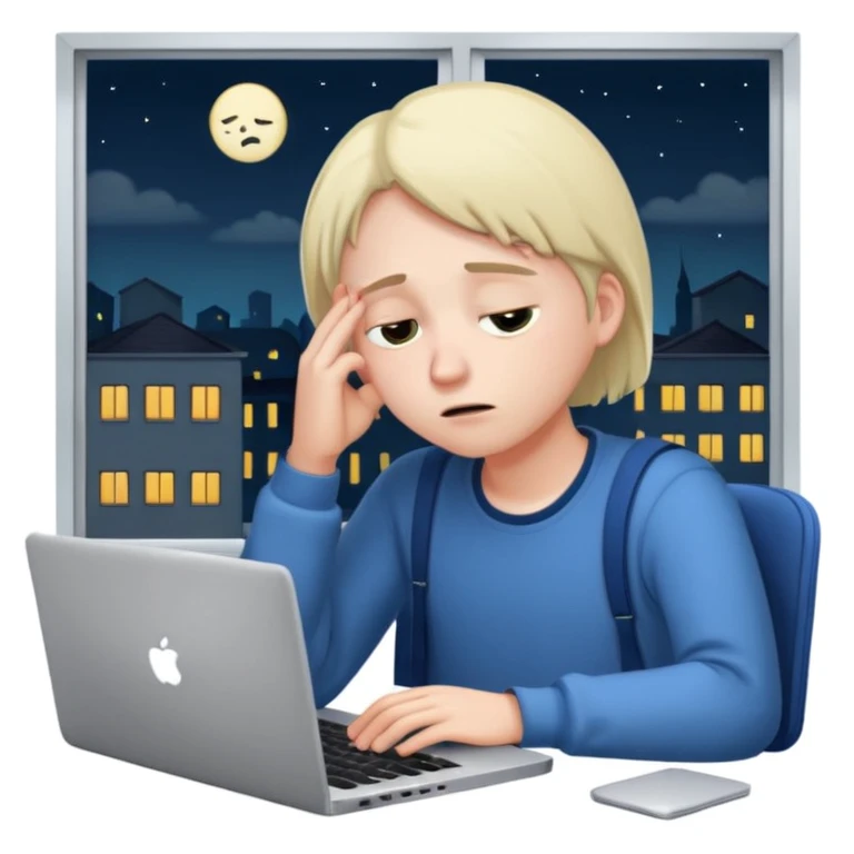 tired student with laptop, window at night behind, head on keyboard emoji