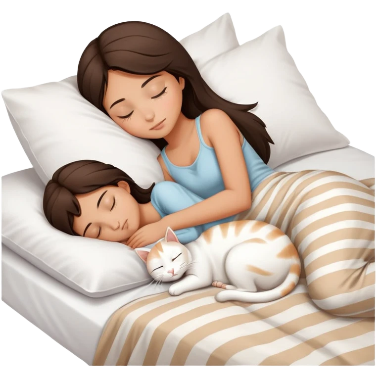 side view Brunette teenage girl sleeping with white cat that has beige stripes on a white pillow with white sheets emoji