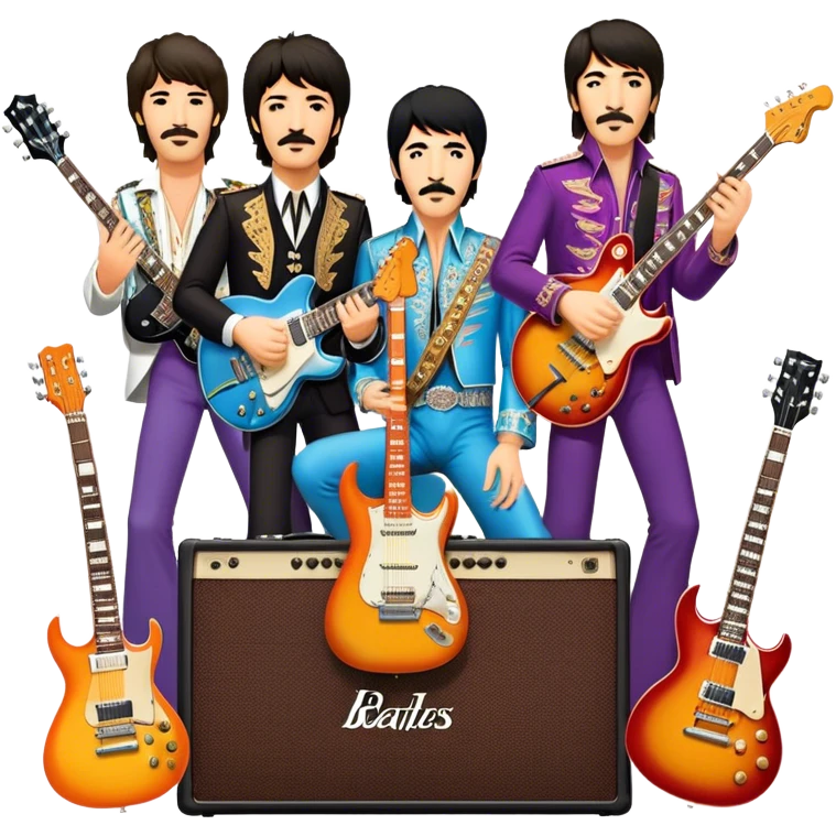 Rock music icon: collage of legendary rock stars—The Beatles, Jimi Hendrix, Elvis Presley, Queen, Nirvana, Led Zeppelin. Electric guitars, amplifiers, and microphones surrounded by vibrant stage lights and musical notes. Transparent background. emoji
