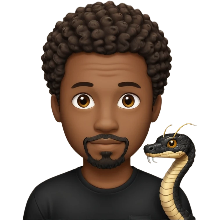 Homme noir, yeux marron avec un bouc que le menton, cheveux court et bouclé crépus avec dégradé sur le côté, avec un cobra à côté , t-shirt noir  emoji