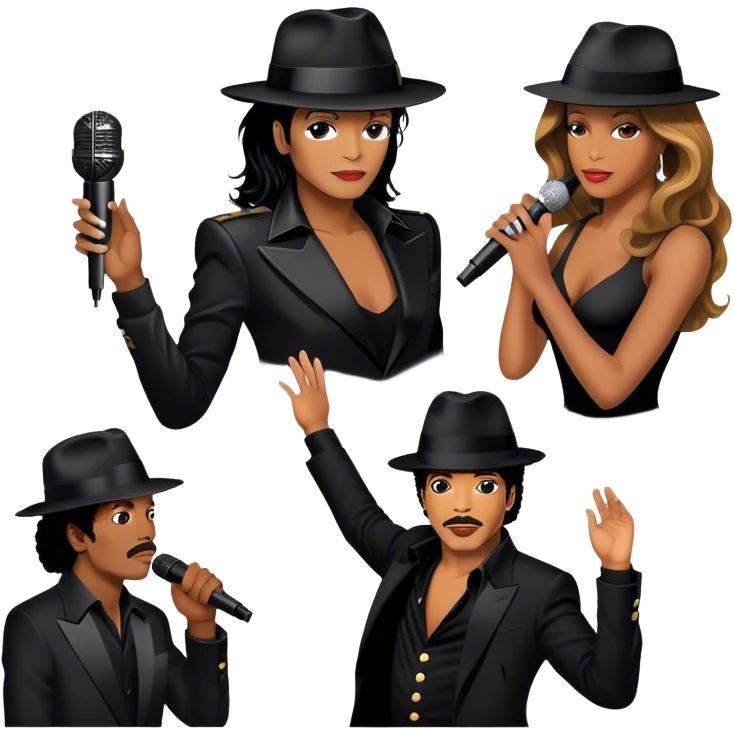 Icon for R&B Music: collage of iconic R&B artists—Michael Jackson, Beyoncé, Lionel Richie, Whitney Houston. Each artist represented by a silhouette or symbolic item (like a glove, microphone, or fedora). Transparent background. emoji