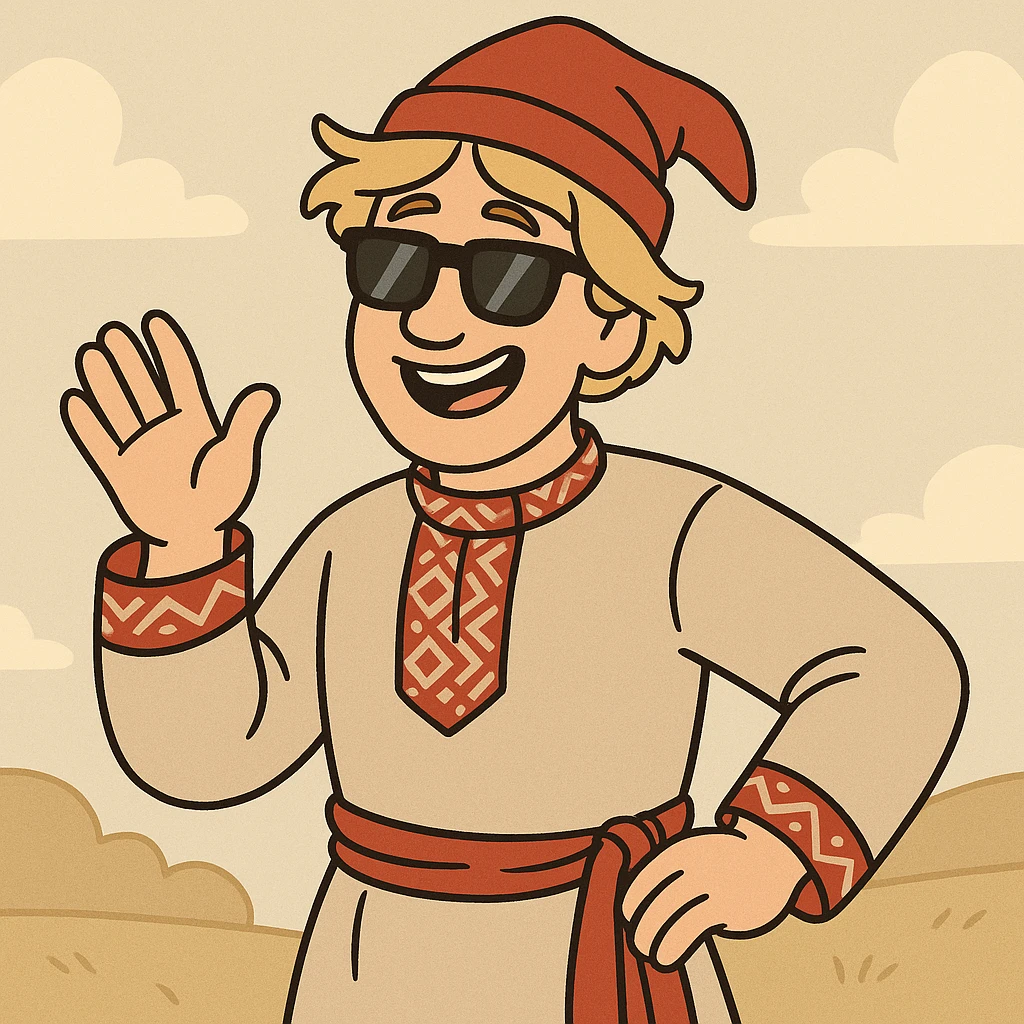 Ivan the Fool wearing sunglasses, cheerful expression, traditional Russian folk costume, simple background, cartoon style emoji