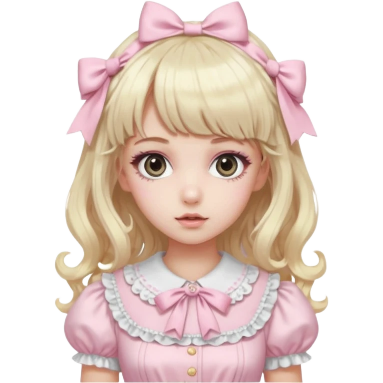 pale girl , who has curly medium length blonde and baby pink swirled hair with bangs , grey eyes , and doll like makeup , in a light pink lolita hime gyaru dress emoji | AI Emoji Generator emoji