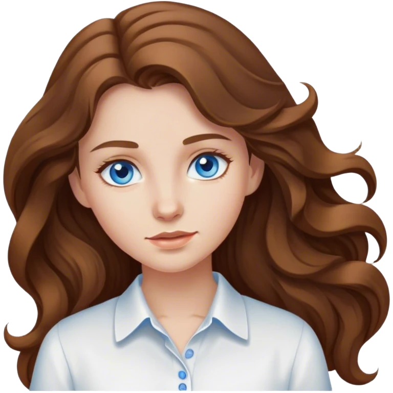 girl with long brown wavy hair and blue eyes wearing a white shirt emoji