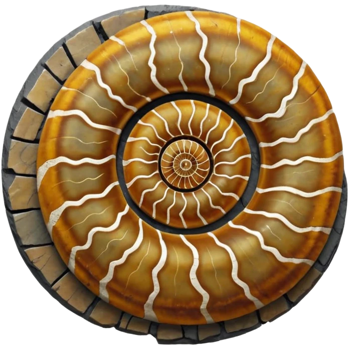 3D render of Ammonite, embedded in a chunk of rough sedimentary rock, cracked stone texture, ancient fossil aesthetic, embedded in dark grey slate stone, matte dry finish, Apple emoji style, isolated on white background --v 6.0 emoji