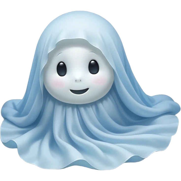 An adorable, peacefully floating sheet-like ghost in gentle pastel whites and blues, its soft, rounded form loosely draped, head resting with closed, serene sparkling eyes and a tiny, contented smile, simplified yet irresistibly charming, highly detailed, with a soft glowing outline that captures the essence of a sleepy, endearing spirit wrapped in cozy slumber! emoji