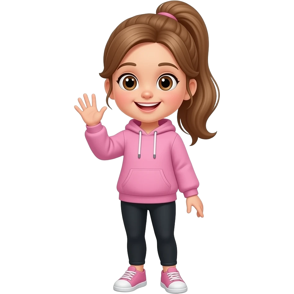 5 year old girl with long light brown hair and brown eyes in a half ponytail wearing black leggings and a pink sweatshirt waving hello emoji