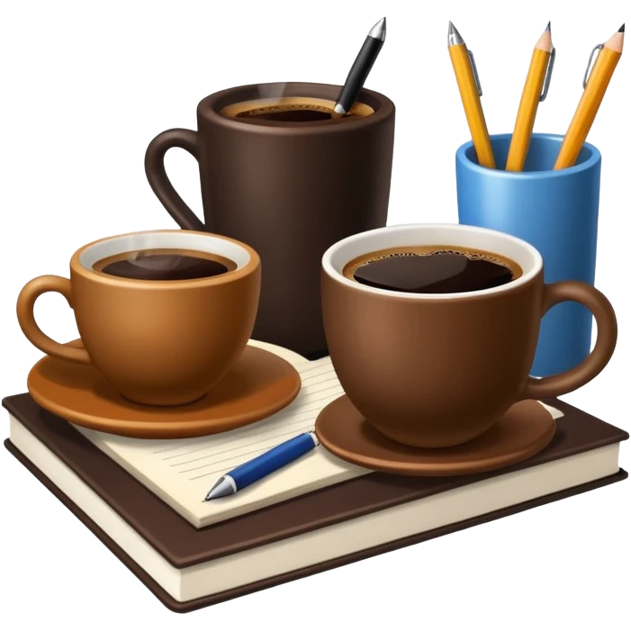 a cup of coffee next to study materials emoji