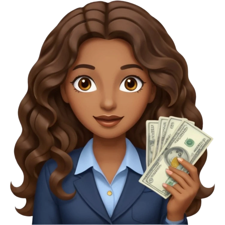 She has long, brown hair styled in soft wavy curls with a middle part. She has well-shaped eyebrows and dark brown eyes. She is wearing light makeup that highlights her natural beauty and is offering a slight smile to the camera. She is surprise when it comes to money emoji