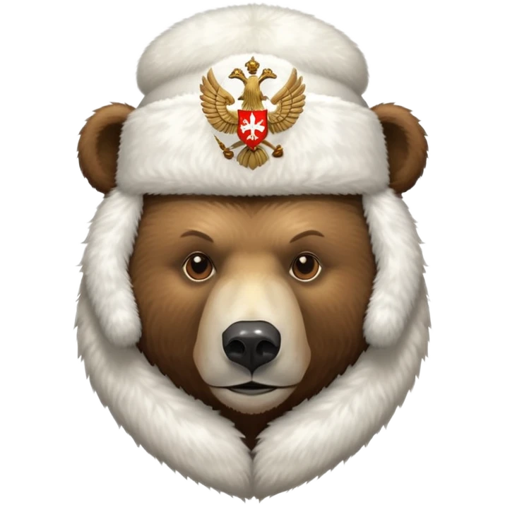 Russian brown bear head only, wearing white furry ushanka hat with realistic double-headed eagle coat of arms in the center, iOS emoji style emoji