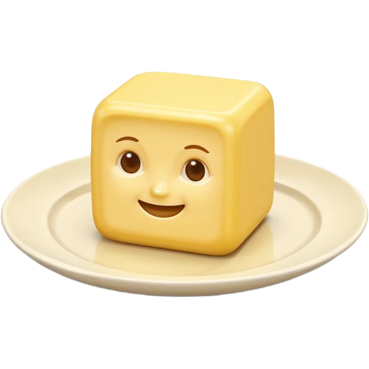 A 3D cartoon yellow butter block on a white ceramic dish, soft lighting, Memoji-style realism. emoji