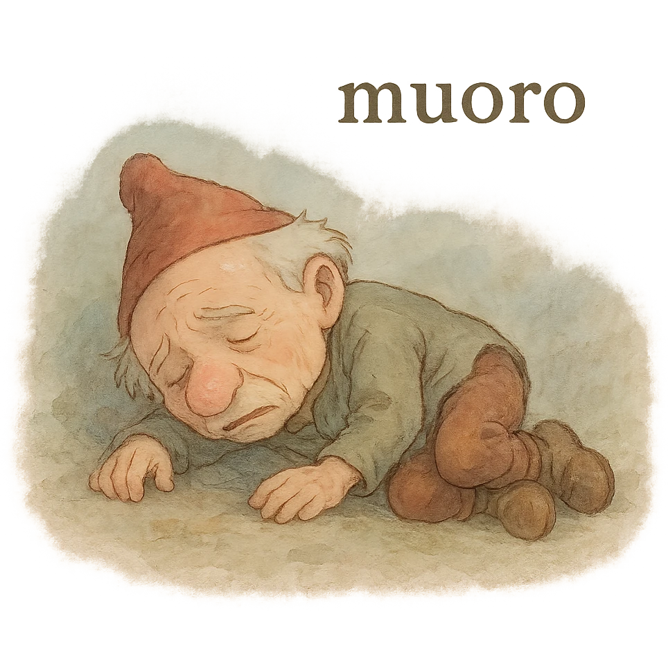 stylized dying little man with the word 'muoro', ghibli style, delicate colors, melancholic atmosphere emoji